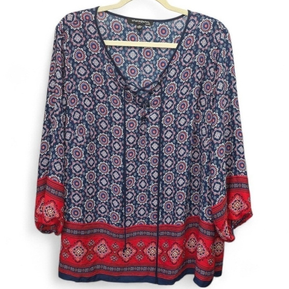 Sharagano‎ Women's 2X Boho Tie Front Blouse V-Neck Elastic Cuffs Tunic Top Flowy
